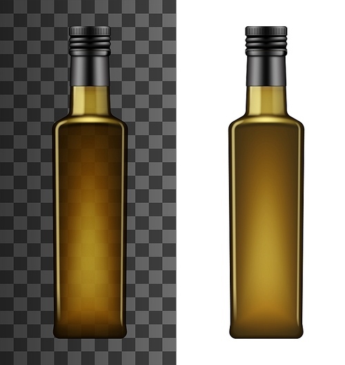 Olive oil bottle, square shape of brown glass with black lid. Vector 3D realistic mockup template of Italian, Greek or Spanish olive cooking oil, isolated on white and transparent 