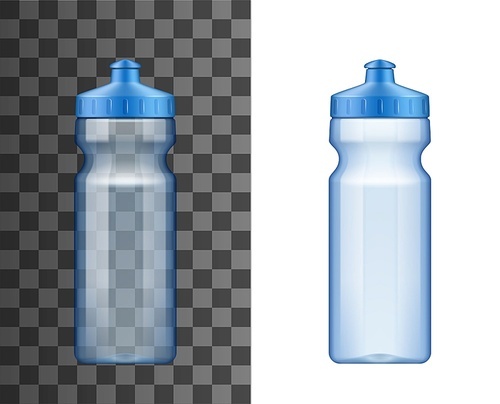 Water drink bottle realistic vector 3d mockup. Empty blue plastic container for fitness drink or energy beverage, reusable flask with push and pull cap on transparent and white background