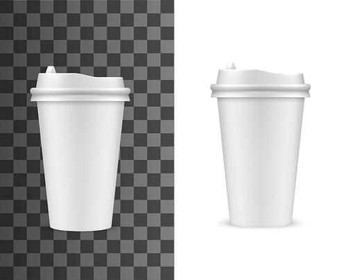 Coffee cup mockup, fast food drink paper cup with plastic lid, vector realistic template. Fastfood cafe takeaway plastic or paper coffee cup, blank white hot drinks package with sipping lid