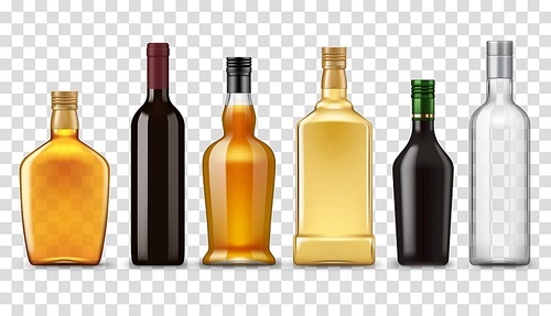 Alcohol realistic drink bottles, vector isolated 3D mockup objects. Premium quality alcohol drink bottles of whiskey, vodka, wine and liquor, rum and scotch, tequila, vermouth and cocktail beverages