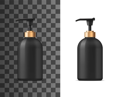 Liquid soap black bottle with pump dispenser, vector realistic 3d mockup. Luxury plastic or black glass bottle of liquid soap, shampoo or shower gel, body lotion and moisturizer cream package