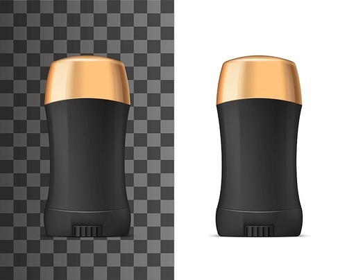 Black deodorant stick with golden cap, vector realistic 3d mockup model template. Men antiperspirant deodorant stick, men skincare premium product, isolated on transparent background