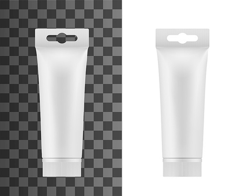 White plastic tube of toothpaste or cream, cosmetics vector 3D mockup template. Realistic isolated blank tube container package with ribbed screw cap for hanging, skincare cosmetic and moisturizer