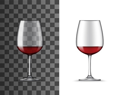 Red wine glass cup, vector 3D realistic mockup. Wineglass on short leg for sweet and dessert wines, alcohol drinks winery glassware isolated on transparent background