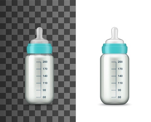 Baby feeding milk bottle, vector realistic 3D mockup template. Newborn baby care, milk feeding bottle with child nutrition liquid, pacifier, blue color cap and volume measure scale