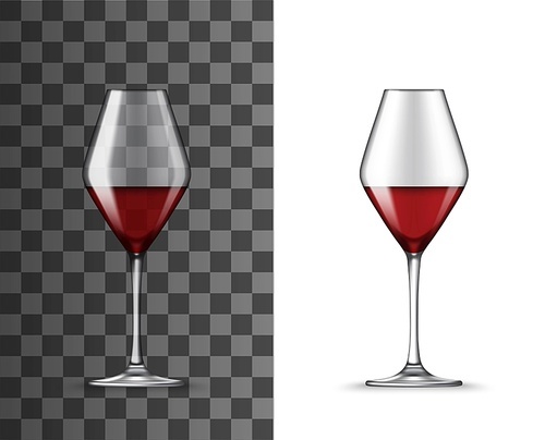 Red wine glass isolated 3d vector realistic mockup. Wineglass of rhombus bowl shape for sweet and dry wines, table glassware cup template, goblet on long thin leg for alcohol drink mockup