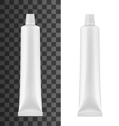 Tube for toothpaste or cream, isolated 3d vector mockup. Blank white plastic toothpaste container with ribbed screw cap, cosmetic moisturizing cream tube or medical ointment package object