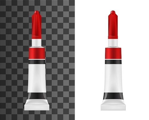 Super glue tube realistic vector mockup. Adhesive white package with red and black stripes, universal super glue in metal tube, container with long tip and protective cap mockup