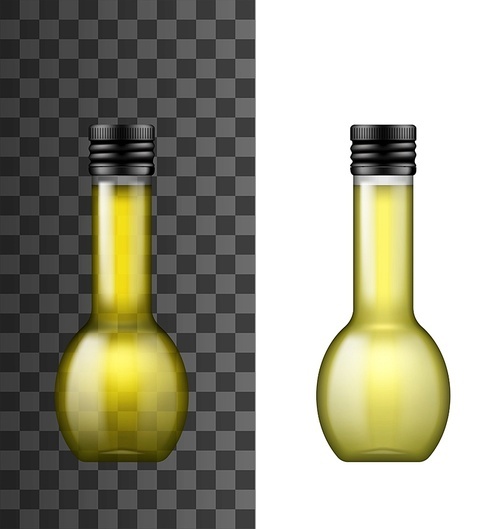 Olive oil realistic bottle, isolated 3d vector mockup object. Glass bottle with round shape, thin neck and black screw cap. Premium extra virgin olive or sunflower cooking oil