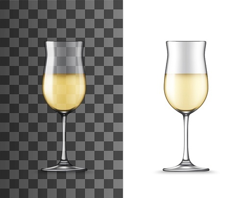 White wine glass realistic 3d vector mockup. Wineglass of round extended bowl shape for sweet and dry wines. Table glassware, goblet on long thin leg for alcohol drink mockup