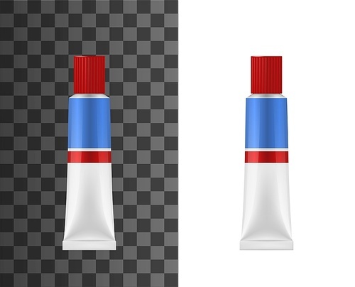 Adhesive glue tube realistic 3d vector mockup. Adhesive white package with red and blue stripes, universal super glue in metal tube template, blank container with protective cap