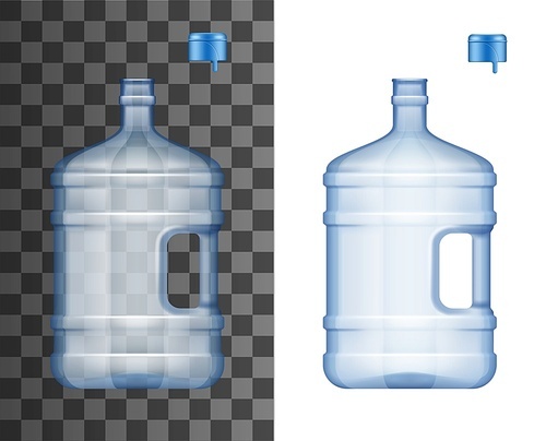 Realistic big plastic bottles for water cooler with open cap, isolated 3D vector mockup. Blue empty blank packages with handle for drinking water. Delivery plastic gallon container for aqua with lid
