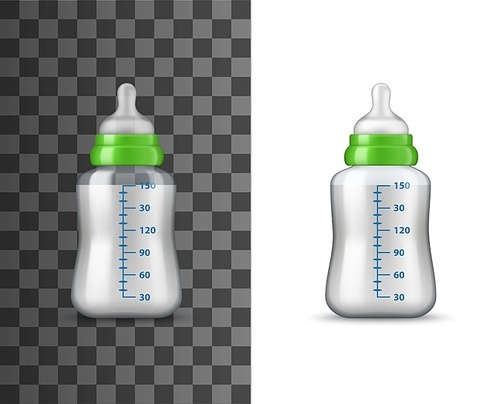 Baby milk bottle, isolated realistic vector mockup. Vector plastic bottle for baby feeding, flask with soother and capacity volume measure lines, package mock up, nutrition for newborn child