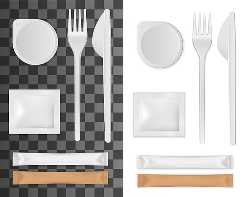 Realistic disposable tableware, salt, sugar and napkins packages set isolated 3d vector mockup. Empty white plate or cup, knife and fork. Disposable plastic or paper takeaway kitchenware implements