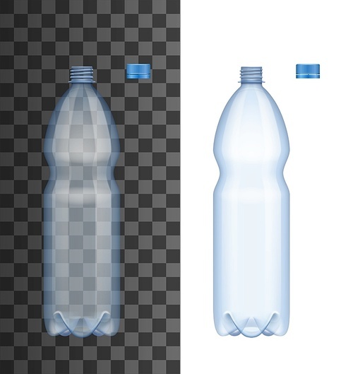 Realistic plastic water bottle with open cap, isolated 3d vector mockup. Empty package container with lid for water drink, aqua, soda drink or another liquid product and beverage