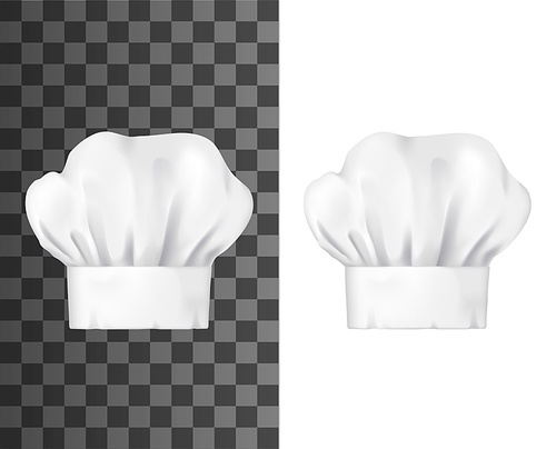 Chef hat, white toque front view isolated vector mockup. Chief cap working uniform of restaurant staff, cook clothing. Professional garment for head, pleated toque mockup design element