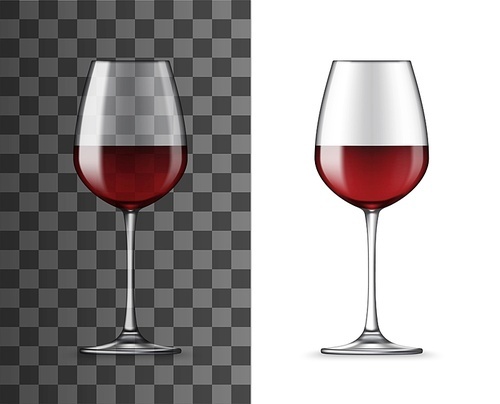 Red wine glass 3d realistic vector isolated mockup. Glossy, classic wineglass filled with cabernet, bordeaux, merlot or burgundy wine on transparent background. Restaurant luxury wine alcohol glass