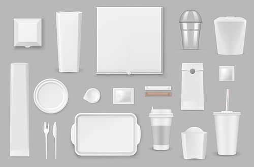 Plastic, paper disposable tableware realistic vector mockups set. Pizza, french fries and popcorn box, container for hot food, drink paper cup with lid and straw, tray and fork, plate and sauce, sugar