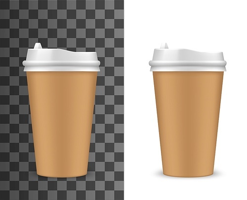 Carton coffee cup, disposable paper container with plastic lid, isolated 3d vector mockup. Blank brown carton takeaway drink container for cold or hot beverage, coffee or tea. Fast food mug or cup