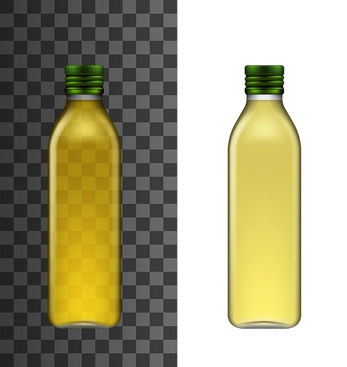Olive oil bottle isolated realistic vector 3d mockup. Glass narrow high bottle with short neck and green screw cap, extra virgin olive or sunflower cooking oil mockup