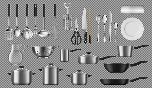 Kitchenware and tableware, dishware and crockery vector cooking set. Isolated tableware plates, cookware pots, ladle and skimmer, silver fork and spoon. Corkscrew, colander and pitcher, saucepans