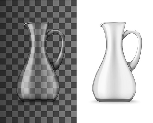 Realistic glass jug with narrow neck and handle, 3d vector mockup. Transparent pitcher for drinks, clean empty bowl side view. Kitchenware object, glass tall jug utensil for cold beverages
