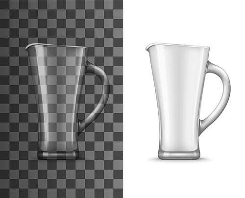 Glass pitcher or jug realistic vector mockup of empty transparent jar for water, milk or juice drinks. 3d object of container, vase, bottle or carafe with handle and spout, kitchen glassware design