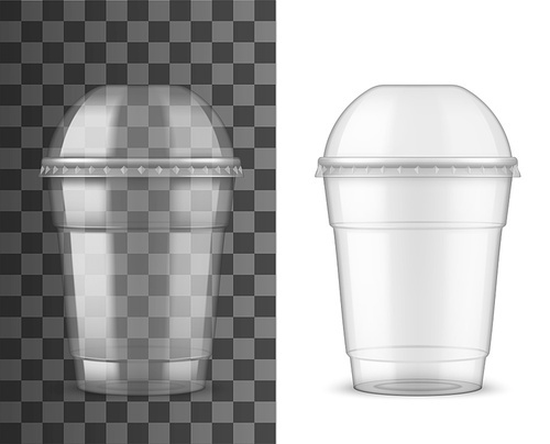 Plastic cup with dome lid, package realistic mockup. 3d vector object of disposable transparent mug for takeaway drinks and beverages, clear empty container for juice, iced coffee, tea and milkshake