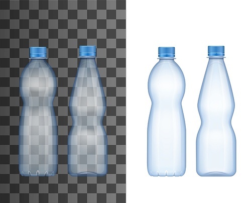 Plastic bottle realistic mockup of water and drink package vector design. Empty transparent container with blue screw cap, cold beverage packaging of soda, clear or mineral water and soft drink