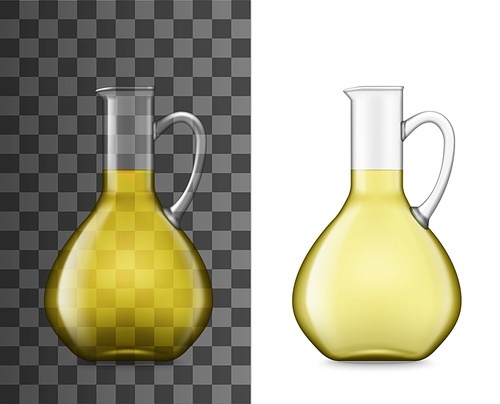 Olive oil jug realistic mockup of glass pitcher, bottle or jar with extra virgin olive oil. 3d vector template of clear container with handle and pouring lip, food ingredients and glassware design
