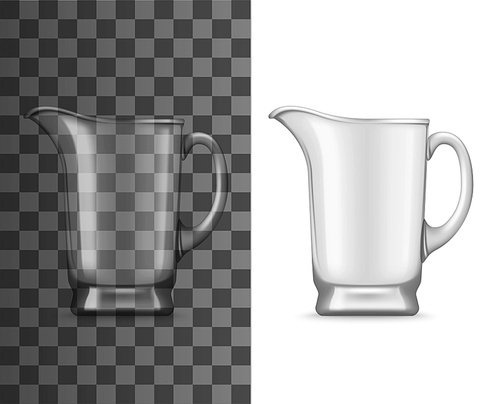 Glass jug vector mockup of realistic empty pitcher with handle and pouring spout. 3d transparent drink container for water, milk or juice cold beverages, kitchen glassware or cafe tableware design