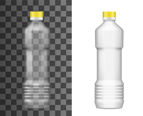 Plastic bottle, oil package, realistic empty mockup template, vector 3D. Sunflower, olive or corn oil bottle with yellow cap lid Isolated on transparent background