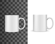 Tea mug or cup mockup, white blank vector isolated 3d realistic object. Tea mug or coffee cup of white porcelain or ceramic with handle, drink and beverage kitchenware mockup