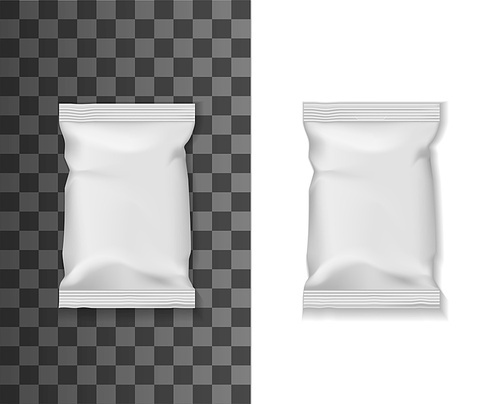 Food package mockup, pouch bag or sachet pack of white plastic foil, blank vector 3D template. Realistic blank white glossy pouch bag, sachet pack or doypack for snacks or dry food wrap package