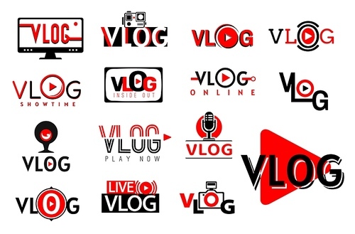 Vlog video icons, symbols of play and tv blog vector buttons. Vlog video channel and social media stream or live online vlogger tube broadcast, web camera and player signs