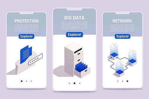 Big data storage privacy network access protection solutions 3 isometric mobile smartphones screens templates set vector illustration