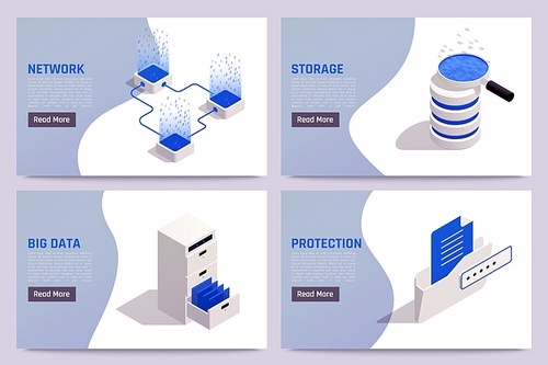 Big data storage solutions safe access processing network protection 4 isometric web banners templates set vector illustration