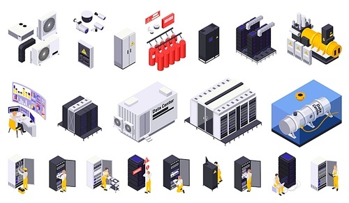 Data center isometric set of isolated surveillance power and cooling system elements with server racks icons vector illustration