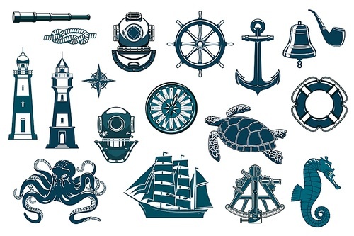 Marine icons, nautical seafaring and sailing vector vintage symbols. Ship anchor and helm, captain smoking pipe and sailor rope knot, octopus, seahorse and turtle, lighthouse and compass sextant