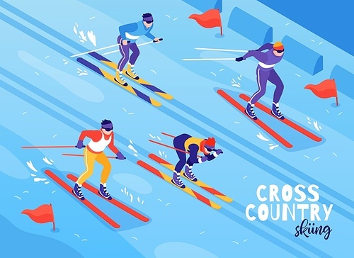 Skiing winter outdoor sport race contestants isometric composition with ski tracking slope background vector illustration