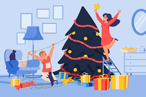 Happy celebration people composition with indoor scenery mother and son decorating christmas tree with fairy lights vector illustration