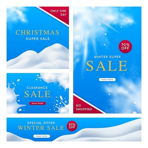 Winter super sale posters set with snowflakes and snow capped hills on blue background realistic isolated vector illustration