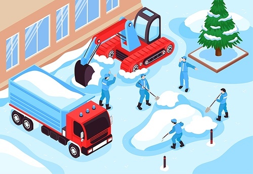 Isometric cleaning road composition with snow clearing equipment vehicles excavator and truck with team of workers vector illustration