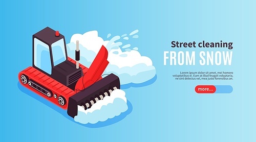 Isometric cleaning road horizontal banner with image of bulldozer clearing snow with text and clickable button vector illustration