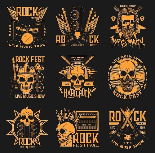 Hard rock festival, heavy mental band concert vector icons. Skull with horns and beard in crown, crossed rock guitars, drums and fire flames with lighting, hard rock fest music show fest signs