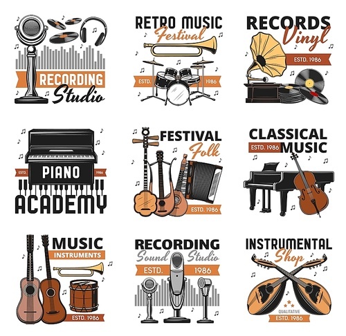 Music instrument sand vinyl records shop, vector icons. Folk and classic orchestra music festival, sound recording studio label, piano play school and instrumental music store signs,