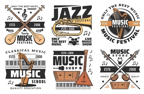 Jazz music fest and live musical festival show, vector icons. Folk and classic orchestra and concert musical instruments store or shop signs, percussion drums, harp and balalaika, piano and trombone