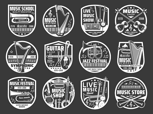 Music shop, jazz and folk live music festival vector icons. Musical instruments store and guitar shop, musician school , orchestra band saxophone, piano and harp, folk mandolin and sitar icons