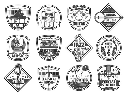 Sound recording studio label, music instruments store and karaoke club icons. Vector radio station or retro music festival piano, microphone and DJ headphones, jazz club saxophone and guitar