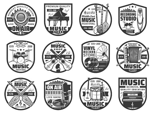 Musical instruments and sound records icons, music vinyl store and studio vector labels. Music instruments shop, on air radio microphone, music school, live concert show and folk music festival